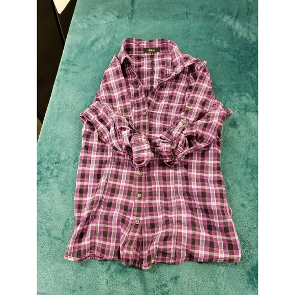 Express Womens Purple/Pink Plaid Rolled Tab Sleeves Size Small Metallic Accent - Picture 5 of 8